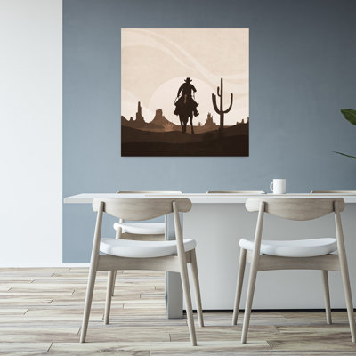 Cowboy's Distant Ride Rustic Vintage Abstract Cactus Horse Landscape Nature Wall Art Print 1 Piece Wrapped Canvas Wall Art