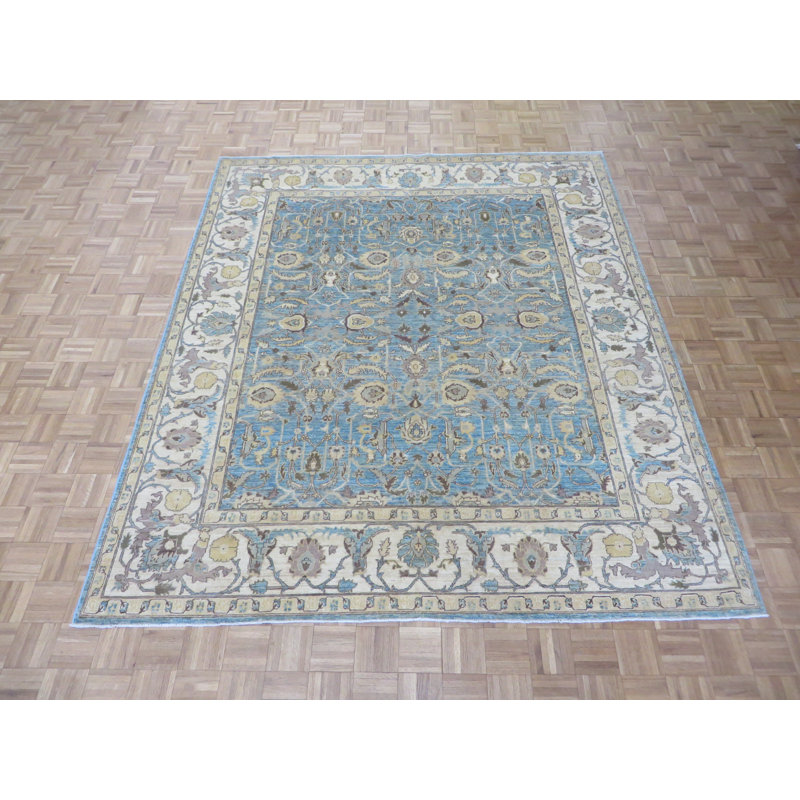 Tapis de la zone en laine bleu/beige 8 pi x 9 pi 7 po one-of-kind-noué la main Josephson