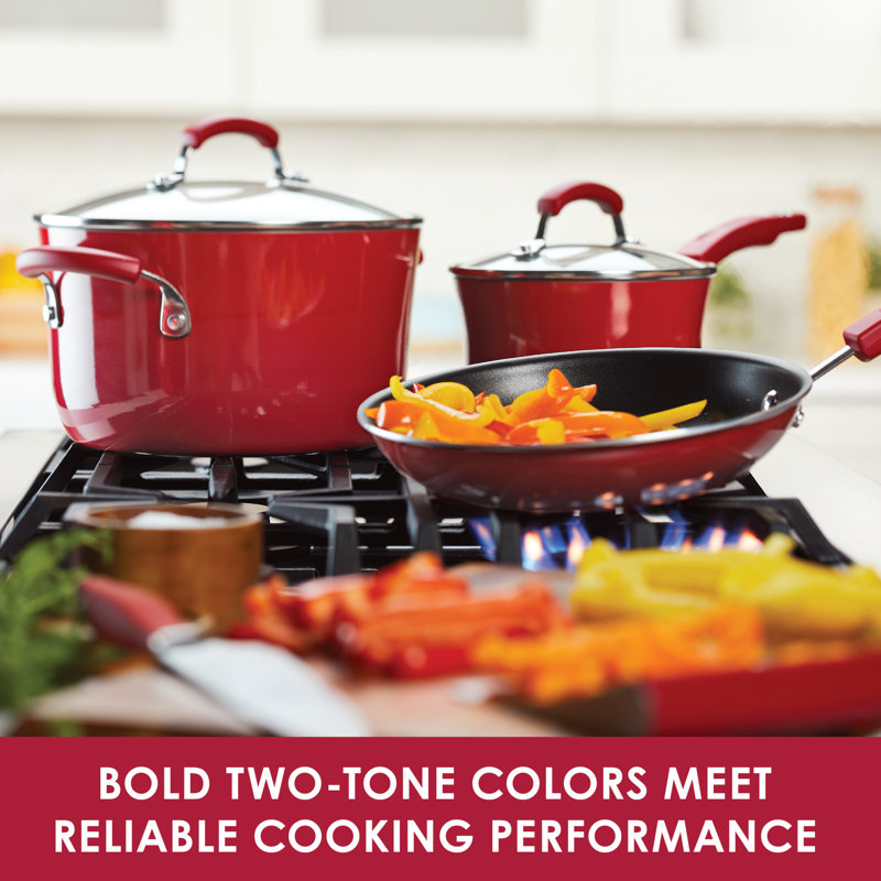 Rachael Ray Classic Brights 3 qt. Hard Enamel Nonstick Saucepot and Steamer Insert Set with Lid, Red