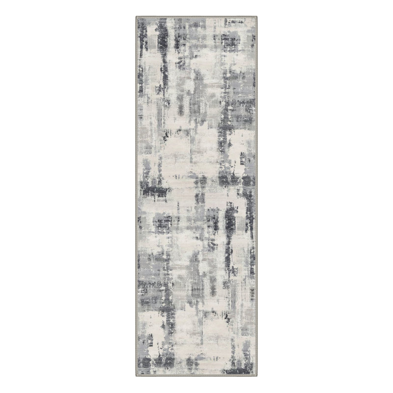 Mignone Aura Abstract Machine Washable Beige / Black / Grey Indoor Area Rug with Non-Slip Backing, Runner 2' x 7'