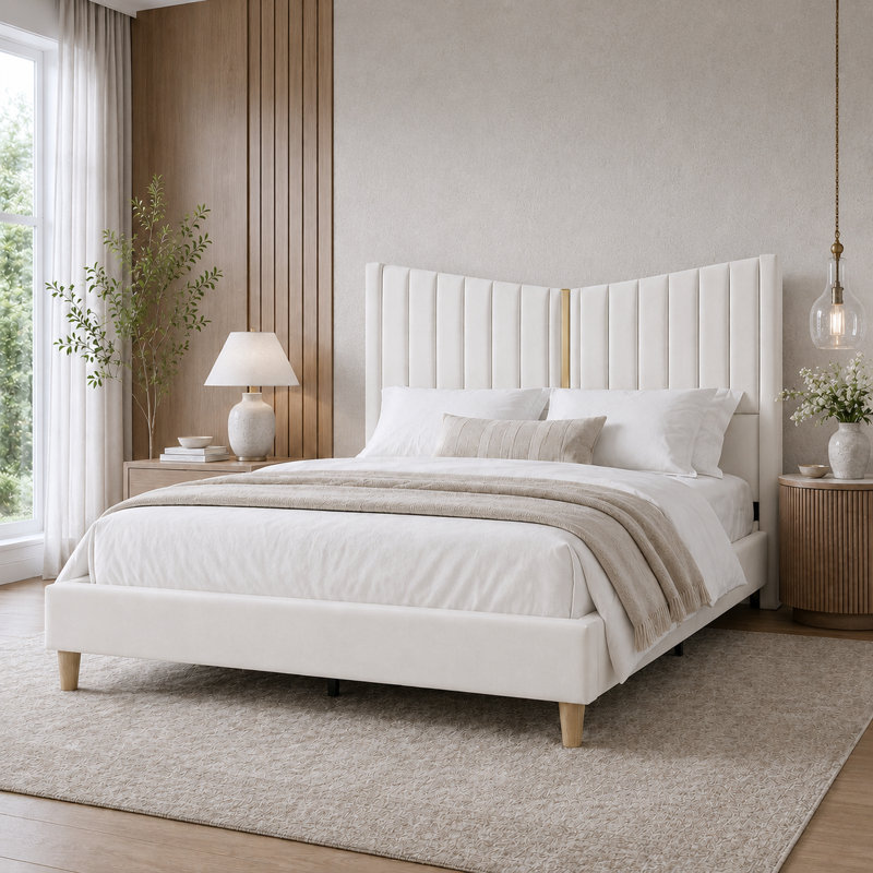 Lit plateforme tapissier grand en velours avec tête de lit à oreilles en forme de V