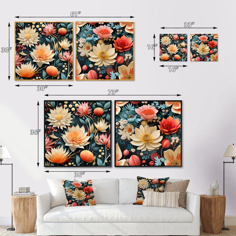 Camélia - ensemble de 2 collages floraux carrés, Toile tendue, H 16 po x l 33 po