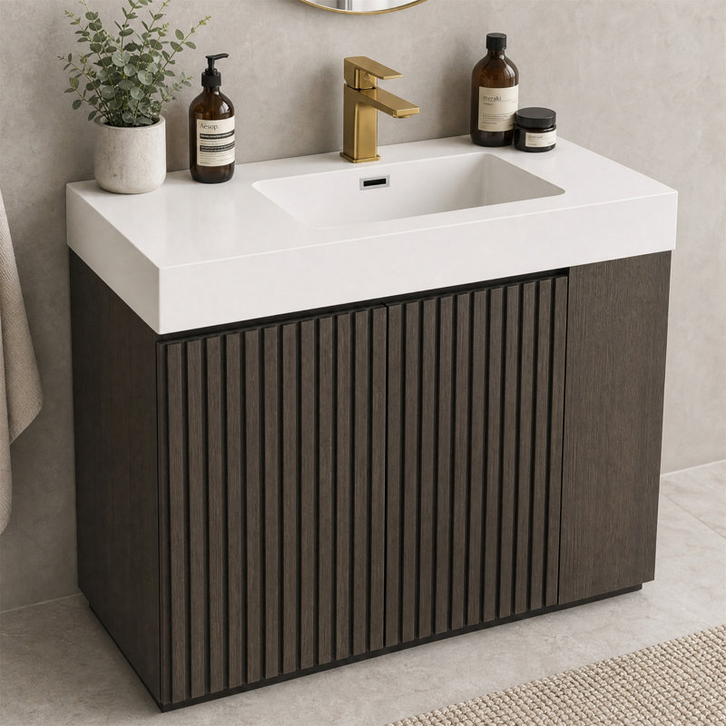 Meuble-lavabo 36 po avec lavabo à quartz blanc, portes à fermeture en douceur, White