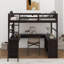Lit mezzanine double en bois avec bureau, compartiments de rangement et miroir à trois volets-433993447