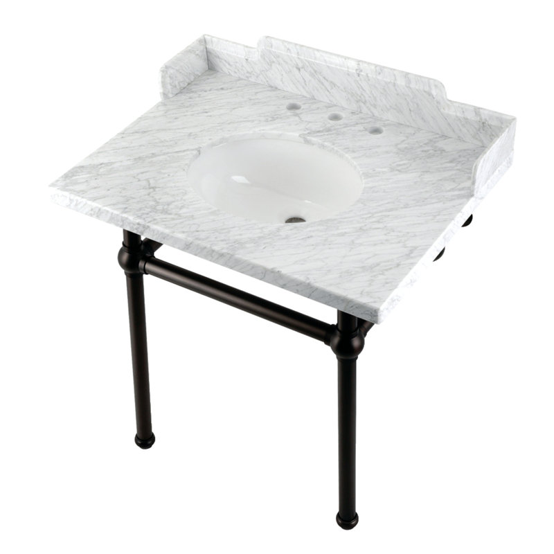 Kingston Brass Pemberton 30-Inch Carrara Marble Console Sink with Brass Legs (8-Inch, 3-Hole), Marble White/Oil Rubbed Bronze