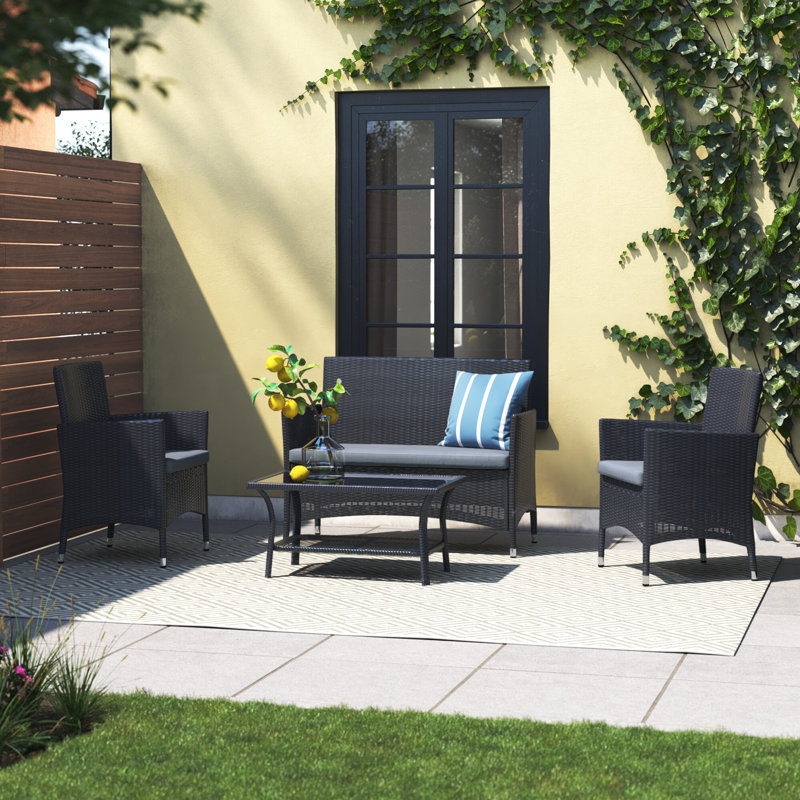 Albria Premium All-Weather Wicker 4 - Person Patio Conversation Set with Cushions, Black