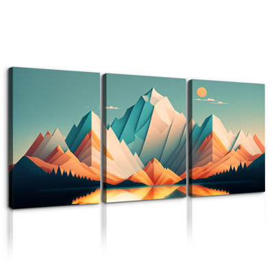 Abstrait montagne de style bohème, impression sur bois, 3 pièces