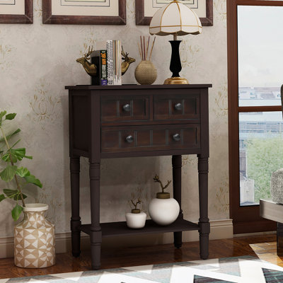 Console étroite et mince avec trois tiroirs de rangement et une tablette inférieure, idéale pour organiser de petits espaces et ajouter du style