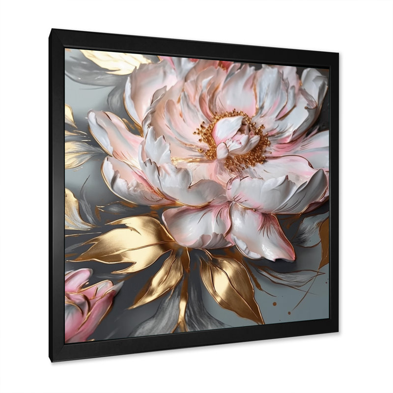 Pivoines roses et grises élégance IV - impression, H 30 po x l 30 po x P 1 po, Cadre photo noir