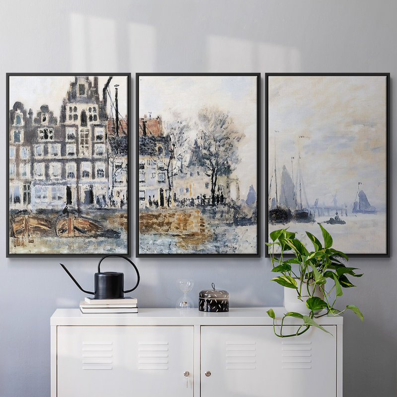 «View of Amsterdam, 1874», reproduction sur toile flottante 3 pièces, Noir, H 24 po x l 48 po x P 2 po