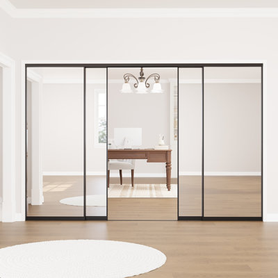 144"x80" H Black Frame Tempered Mirrored Sliding Door With Hardware Kit​