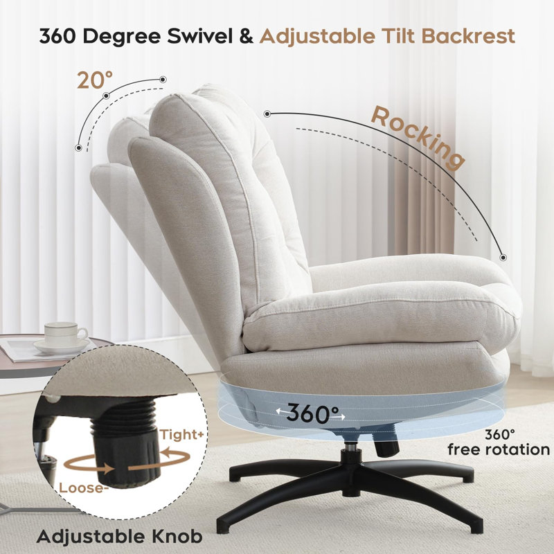 Jakirrah Upholstered Swivel Accent Chair with Ottoman, White