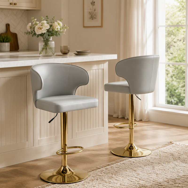 Chaise de bar pivotante en similicuir gris avec hauteur réglable et base chromée, ensemble de 2, pour comptoir de cuisine et salle à manger