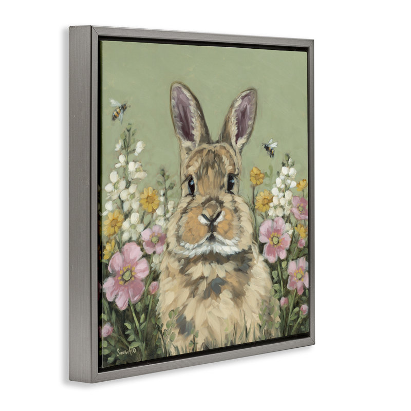 Cadre flottant Spring Abloom Rabbit, design par Sara G. Designs, H 18 po x l 18 po, Cadre flottant gris lustré