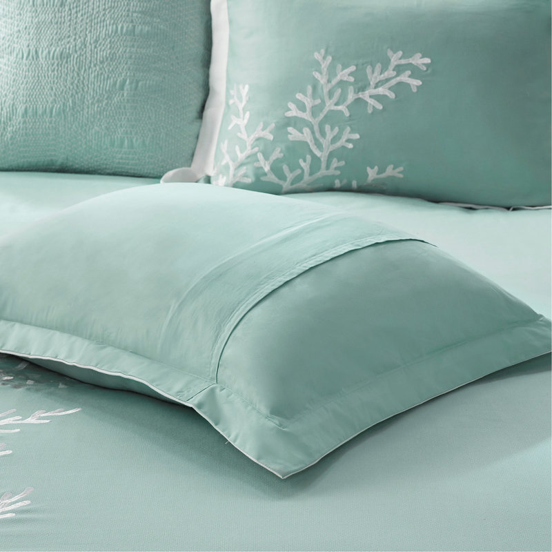 Ensemble de housse de couette pour lit double / grand Aqua avec broderie corail et bordure en pièces, jacquard 100% coton, comprend deux taies décoratives