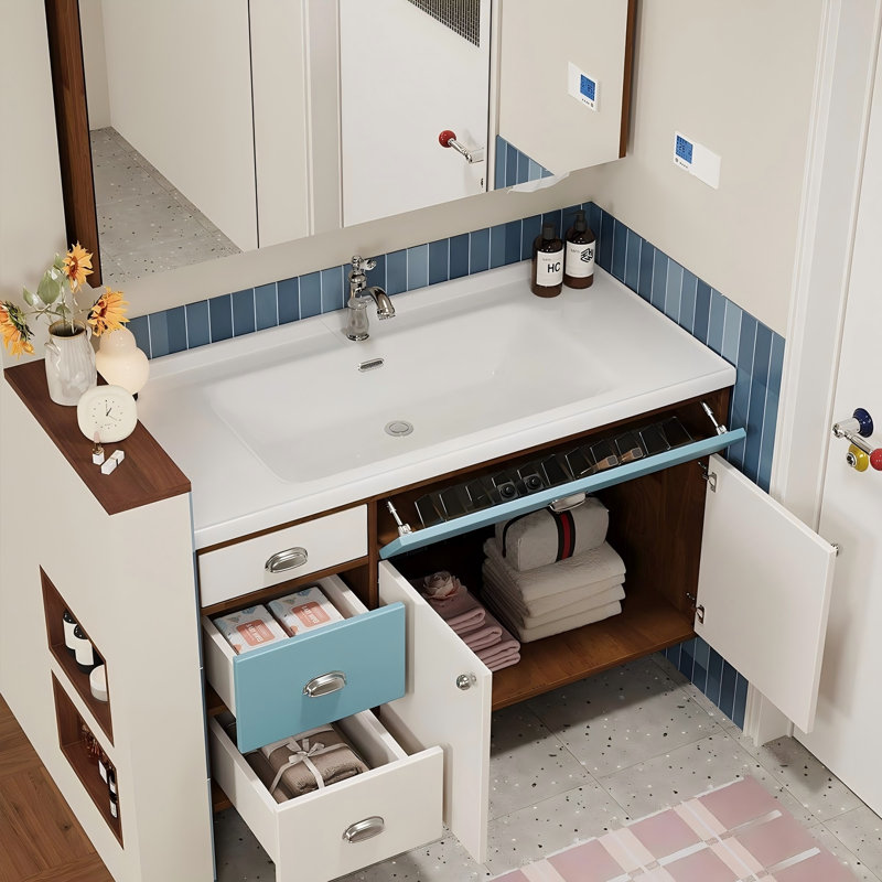 Meuble-lavabo mural Dopamine bicolore en bois d'hévéa massif avec lavabo en céramique intégré et armoire à miroir intelligent