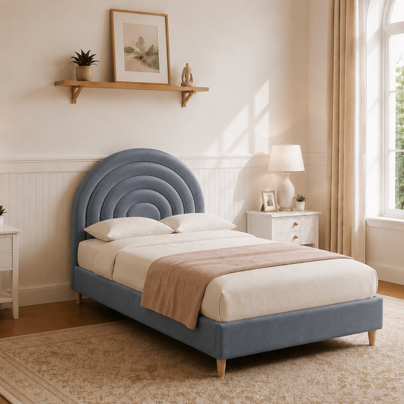 Halis Upholstered Scalloped Bed, Twin, Gray Teddy