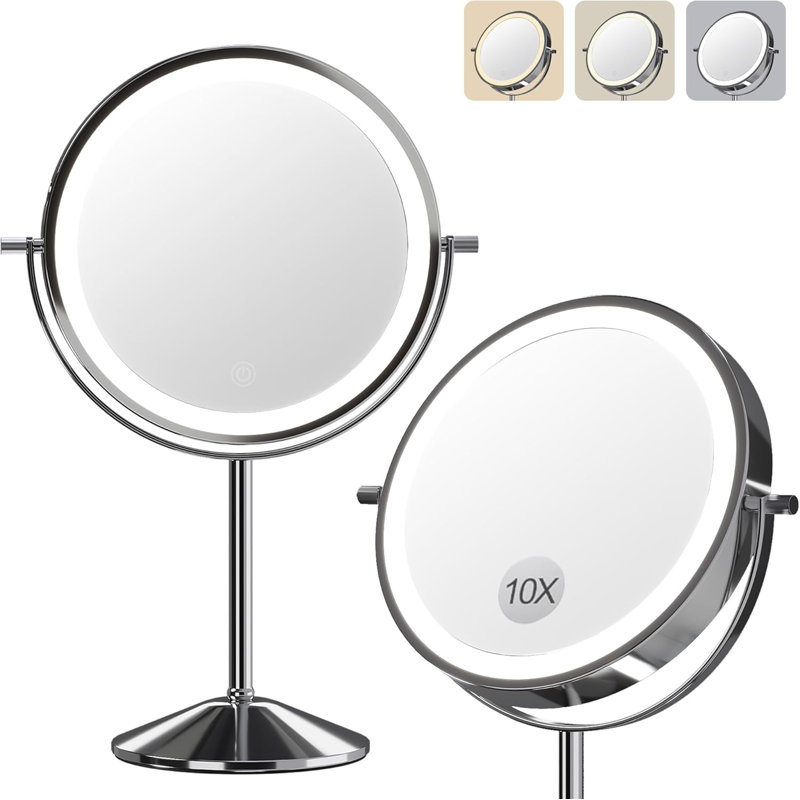 Miroir de maquillage lumineux avec grossissement 10X, miroir de coiffeuse à double face rotatif à 360 °, USB rechargeable avec éclairage 3 couleurs
