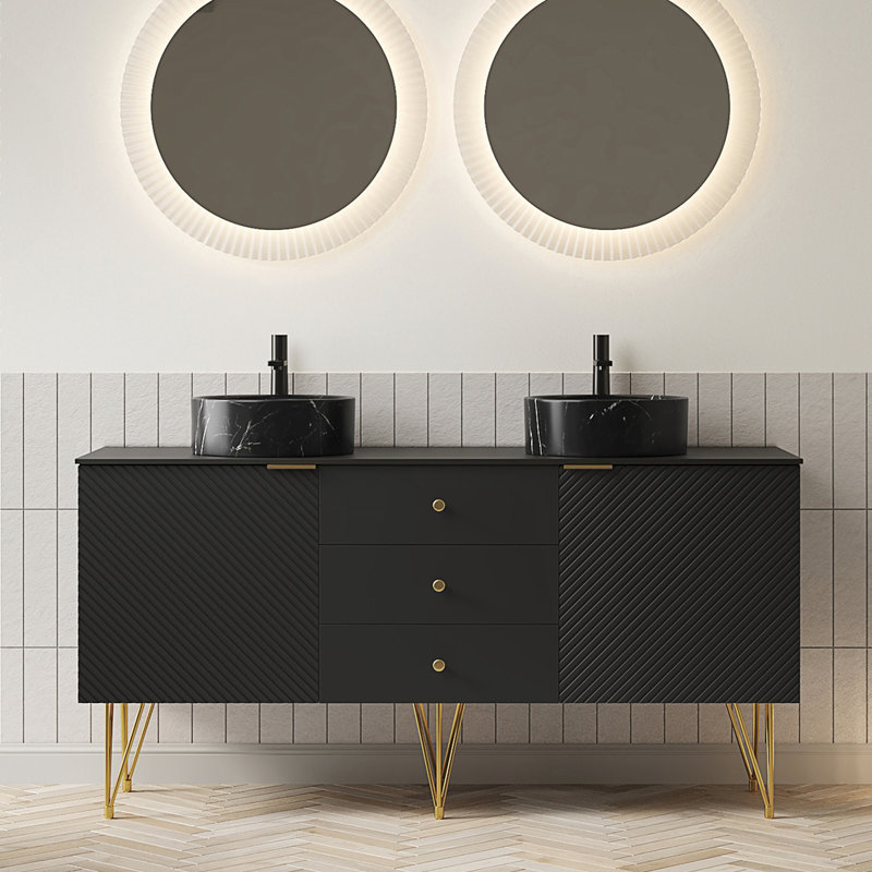 Meuble-lavabo autoportant avec 4 pieds, 3 tiroirs et 2 portes