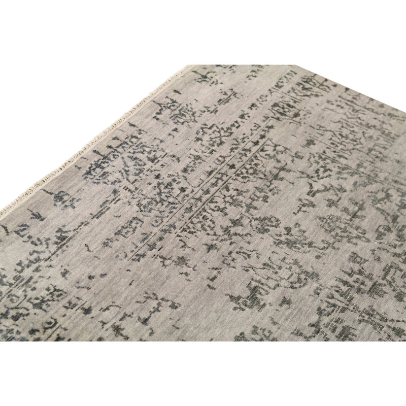 Tapis gris / noir en laine / viscose noué à la main 7 pi 11 po x 9 pi 11 po
