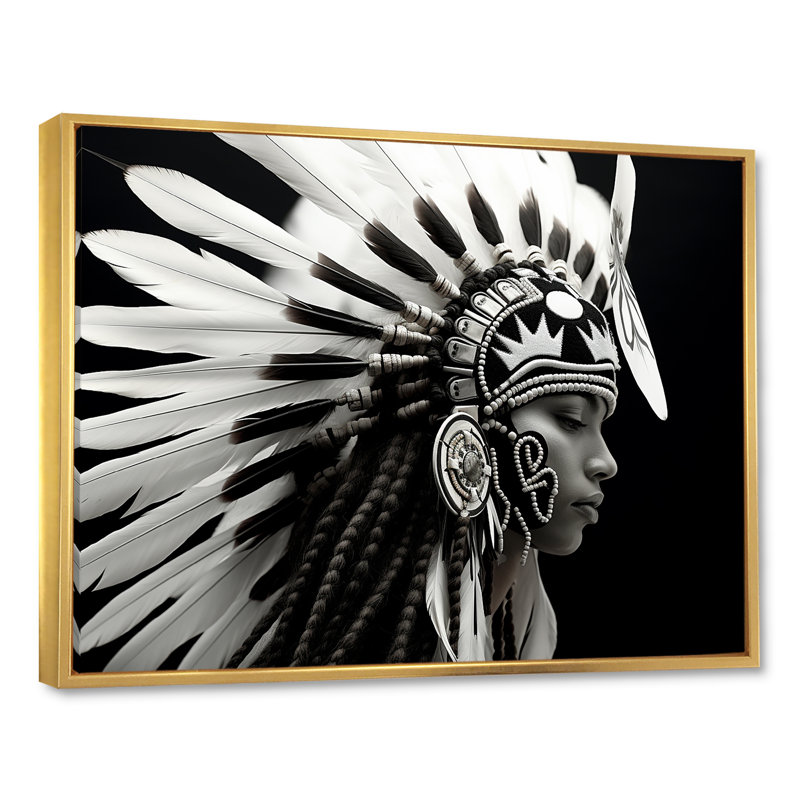 «Native Spirit» noir et blanc sur toile, Cadre flottant doré, H 12 po x l 20 po x P 1 po