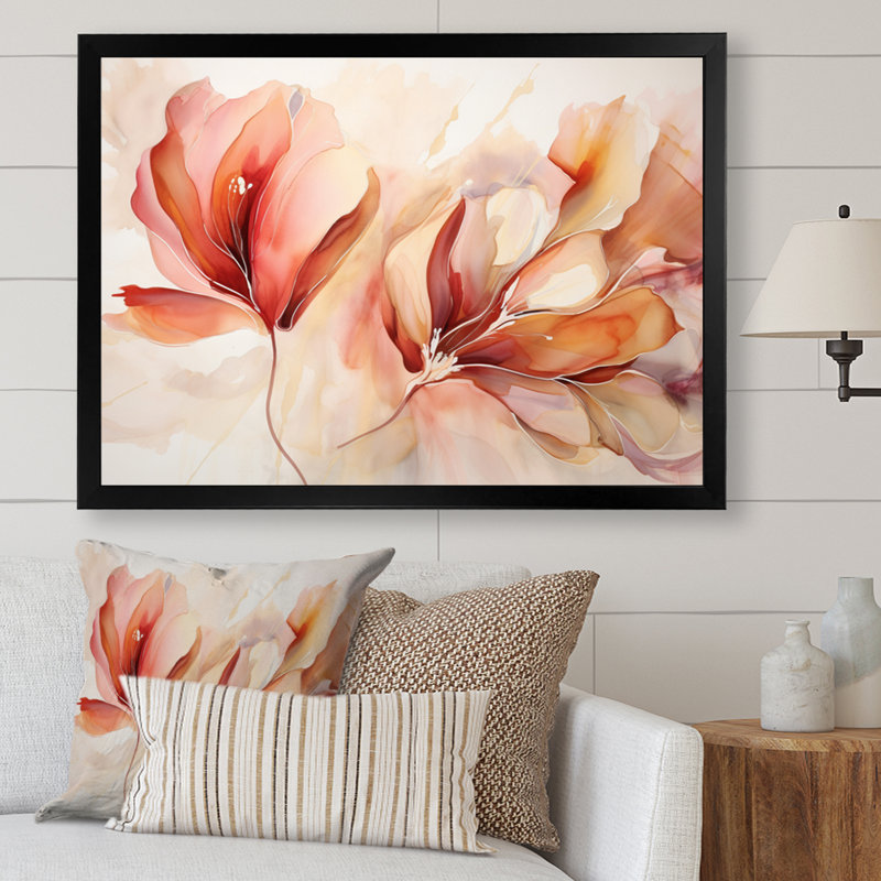 «Peach Petal Dance - Abstract Botanicals», art mural, H 24 po x l 32 po x P 1 po, Cadre simple noir