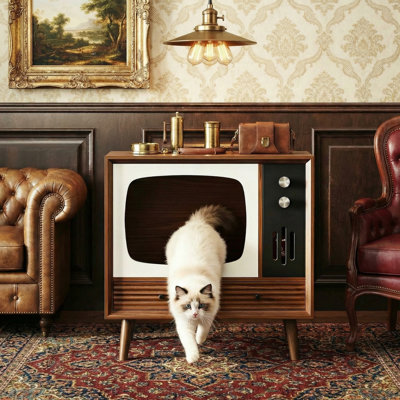 Walnut Vintage Cat House Furniture, TV-Shaped Wooden Cat Condo with Drawers for Living Room
