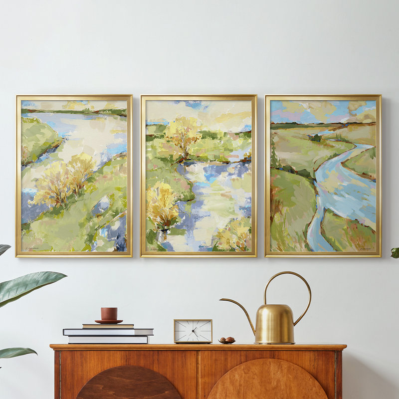 Upriver II - Toile tendue avec châssis sur mesure - 3 pièces, H 27 po x l 39 po, Doré