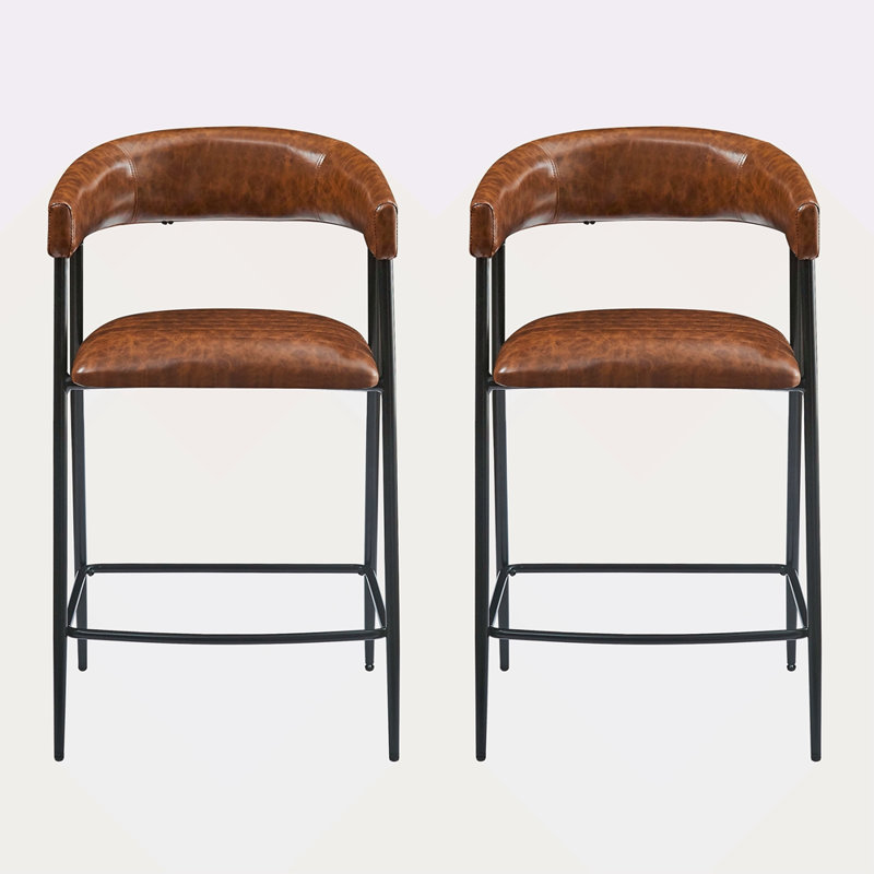 Ensemble de 2 tabourets de comptoir de 26 po, tabourets de comptoir revêtus de polyuréthane avec structure en fer, dossier, repose-pieds, tabourets de comptoir à accoudoirs pour bar personnel, comptoir de cuisine