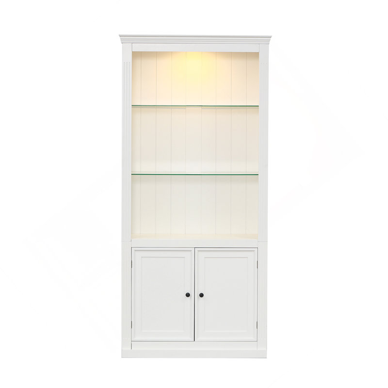 Grandes tablettes de 78,75 po avec plafonnier réglable à DEL 5 couleurs, bibliothèques de style rétro avec tablettes en verre trempé pour le salon, la maison, le bureau, le studio ou l'espace de travail, blanc