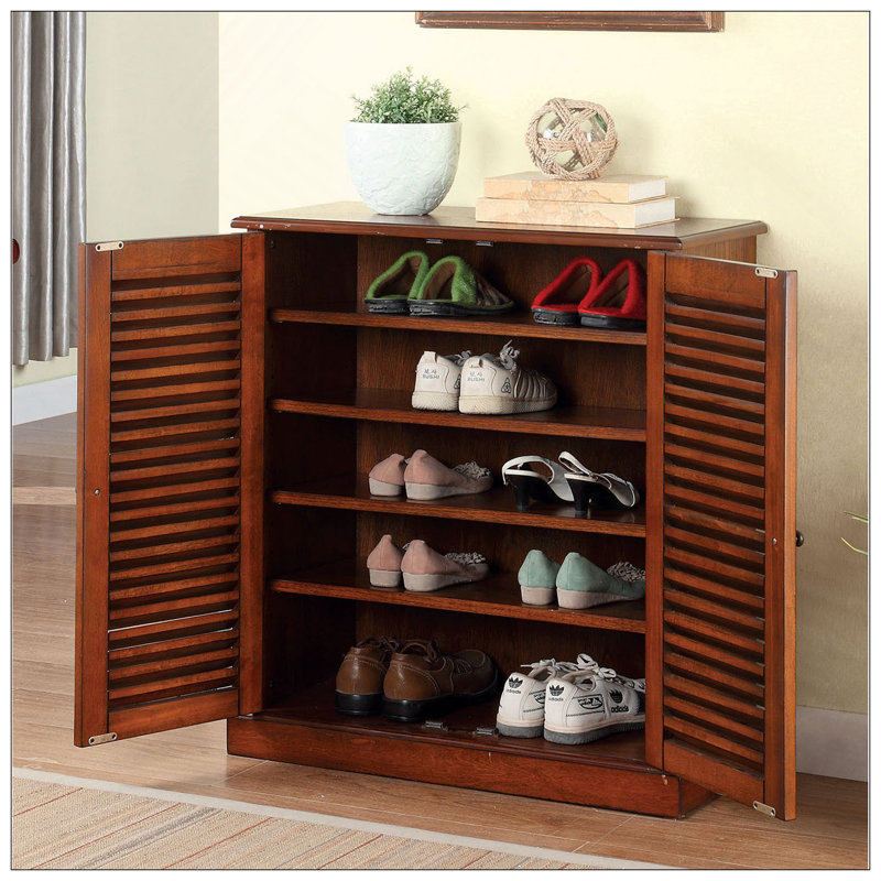 Armoire à chaussures avec 5 tablettes et portes à persiennes, chêne, Chêne