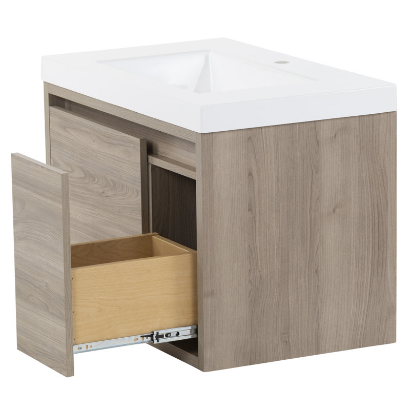 Meuble-lavabo mural simple 30,5 po avec plateau en marbre de culture, Orme de forêt
