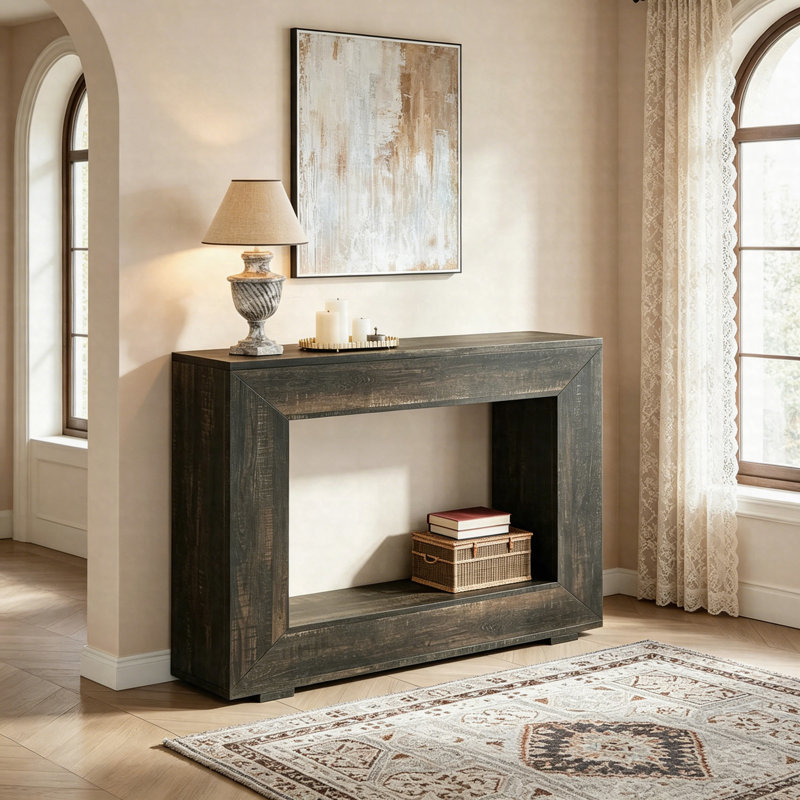 47.2" Farmhouse Console Table, 2-Tier Entryway Sofa Table With Storage Shelf, Rustic Wood Hallway Table, Dark Gray