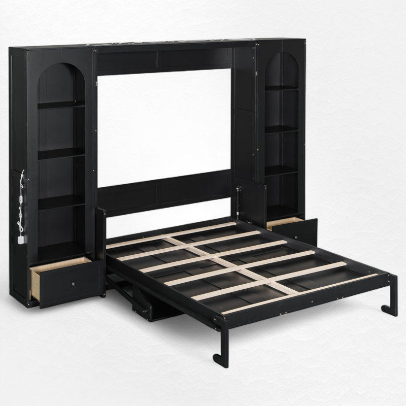 Queen Size Murphy Bed With Storage And LED Light, Black
