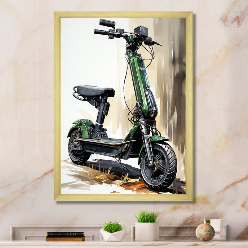Chieu vert scooter électrique sur toile, H 32 po x l 24 po x P 1 po, Encadrement doré