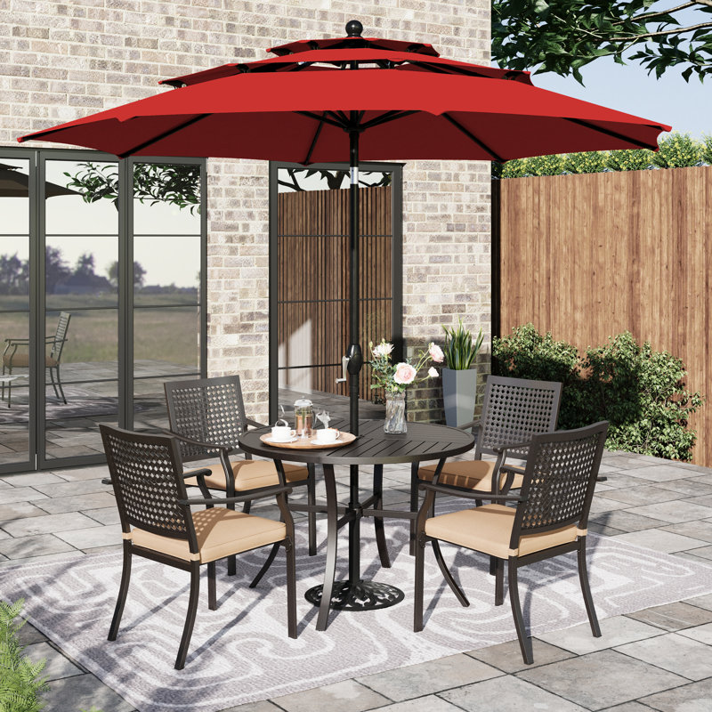 Alyah 5-piece Steel Patio Outdoor Dining Set With Umbrella,metal Stackable Chairs, 42'' Round Table, Red Orange