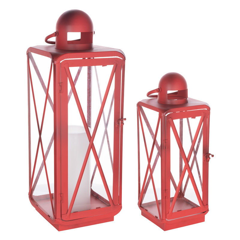 Ensemble de deux porte-bougies lanterne en métal rouge