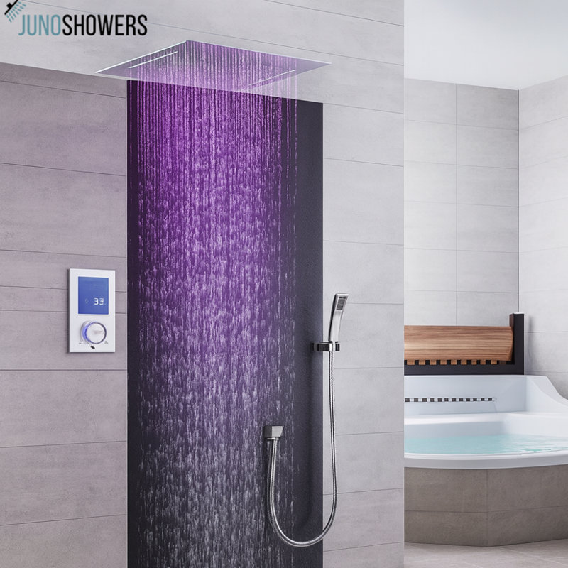 Robinet de douche mural chromé avec contrôle thermostatique et affichage à DEL