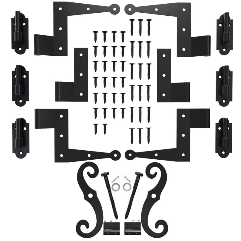 Charnière en L SteelTek avec ensemble de volets décalés de 1/2 po, pour des hauteurs de 36 à 60 po (comprend 4 charnières en L, 2 charnières plates, 6 pintels sur la plaque, 1 paire de retenues en S avec support de volet à verrou)