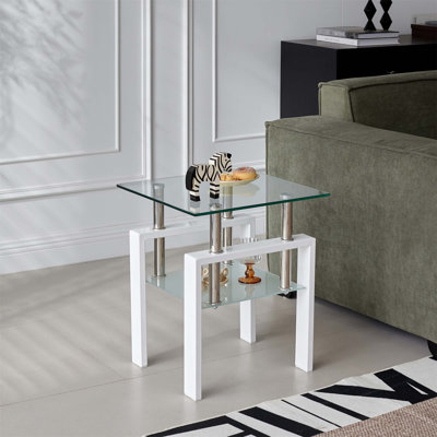 Table de bout en verre trempé transparent, petite table à 2 niveaux avec rangement pour les salons modernes