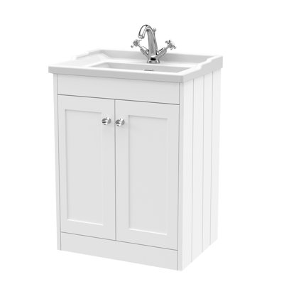 Old London Ashwick Satin White 600mm Floorstanding 2-Door Unit With Basin 1 Tap Hole
