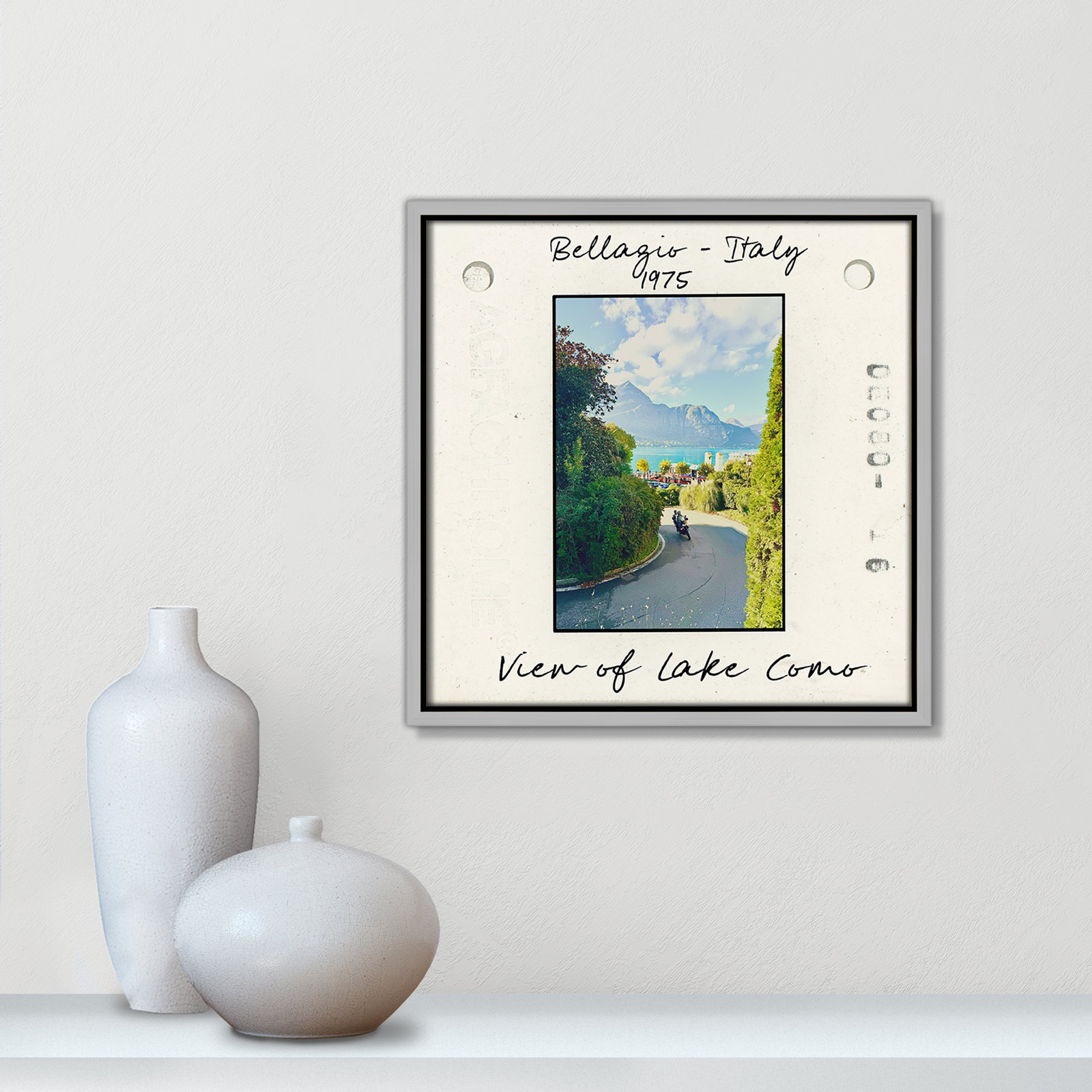 Travel Slide Collection "Bellagio, Italy - Lake Como" Print, 13.5" H x 13.5" W x 2" D, Silver Floater Framed Canvas