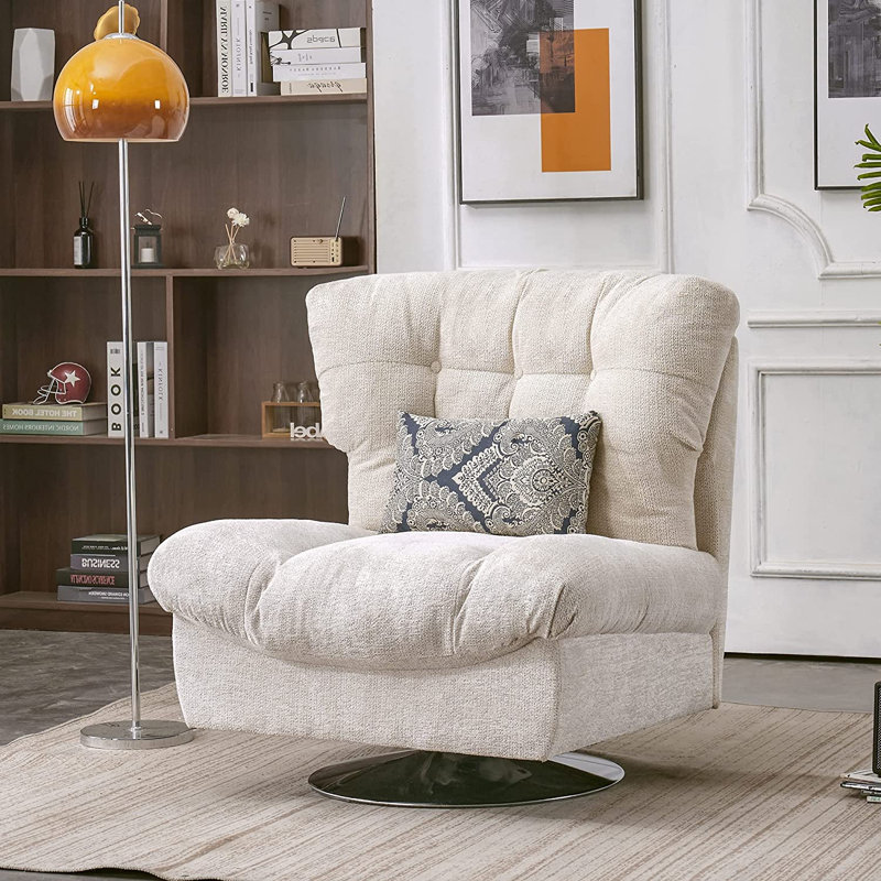 Antionett Modern Swivel Accent Chairs, Chenille Upholstered Wingback Leisure Sofa Chair, White Chenille