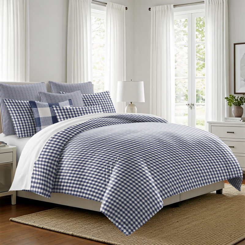 Walker Check Reverse to Stripe Indigo/Ivory Cotton Coverlet Set 8 Piece, Queen Coverlet + 7 Additional Pieces