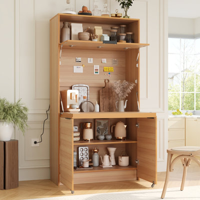 Garde-manger compact, buffet de 69 po de hauteur avec huche et poste de travail pliable, armoire de rangement multifonctionnelle avec tablette réglable et prise de courant pour la salle à manger et le salon