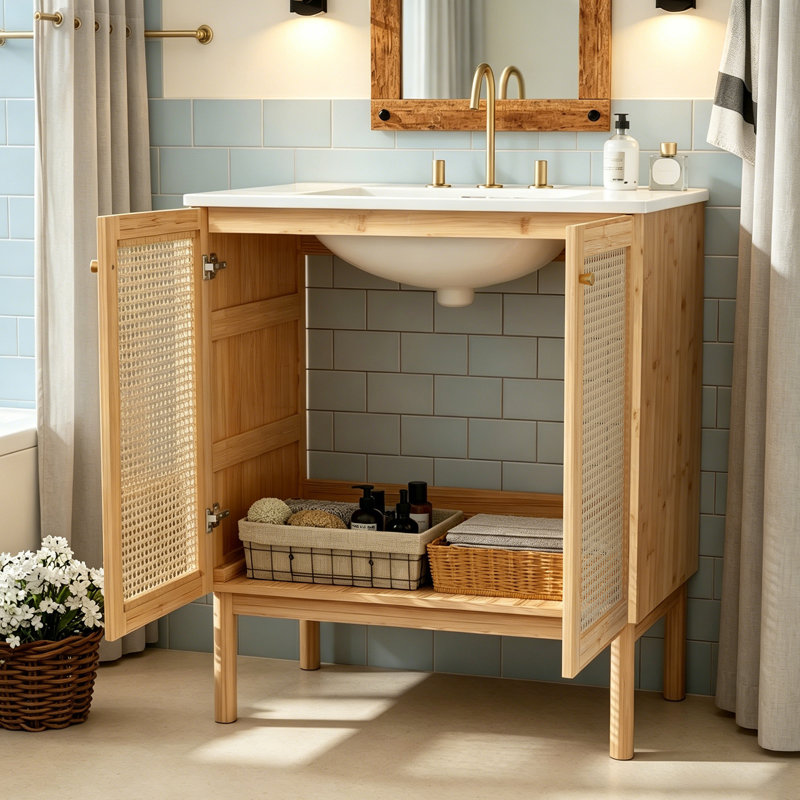 Fiest 30" Bathroom Vanity with Rattan Door Ceramic Sink Storage Cabinet, Natural