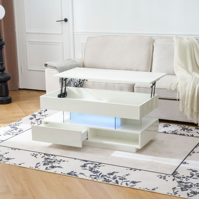 Table basse à plateau relevable 39,3 po, compartiment caché, 2 tiroirs, lumières DEL réglables, table blanche moderne multifonction pour le salon | Idée cadeau