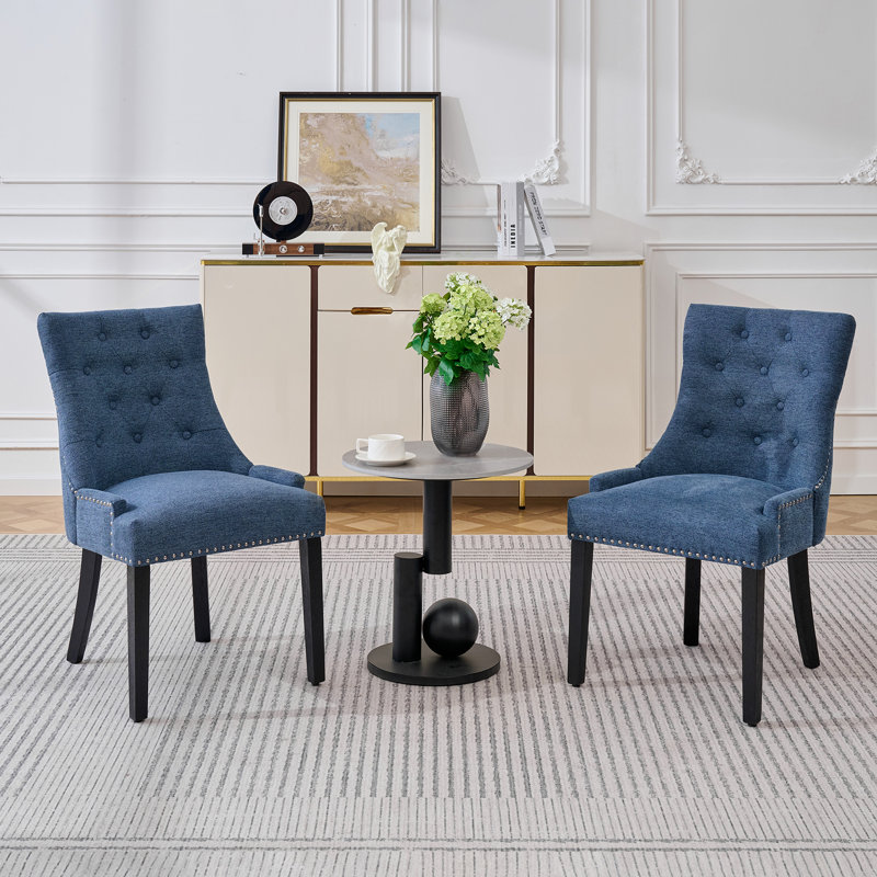 Linen Upholstered Solid Wood Dining Chairs (Set Of 2), Black, Blue