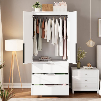 Armoire-penderie avec porte en rotin 69,5 po avec 2 portes, 3 tiroirs et tringle, armoire de rangement autoportante à grande capacité pour la chambre à coucher, le garage et la salle de lavage, blanc