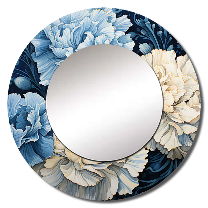 Rosemellia blanc bleu œillets Arrangement II - œillets décoratifs uniques, miroir rond blanc, impression sur métal